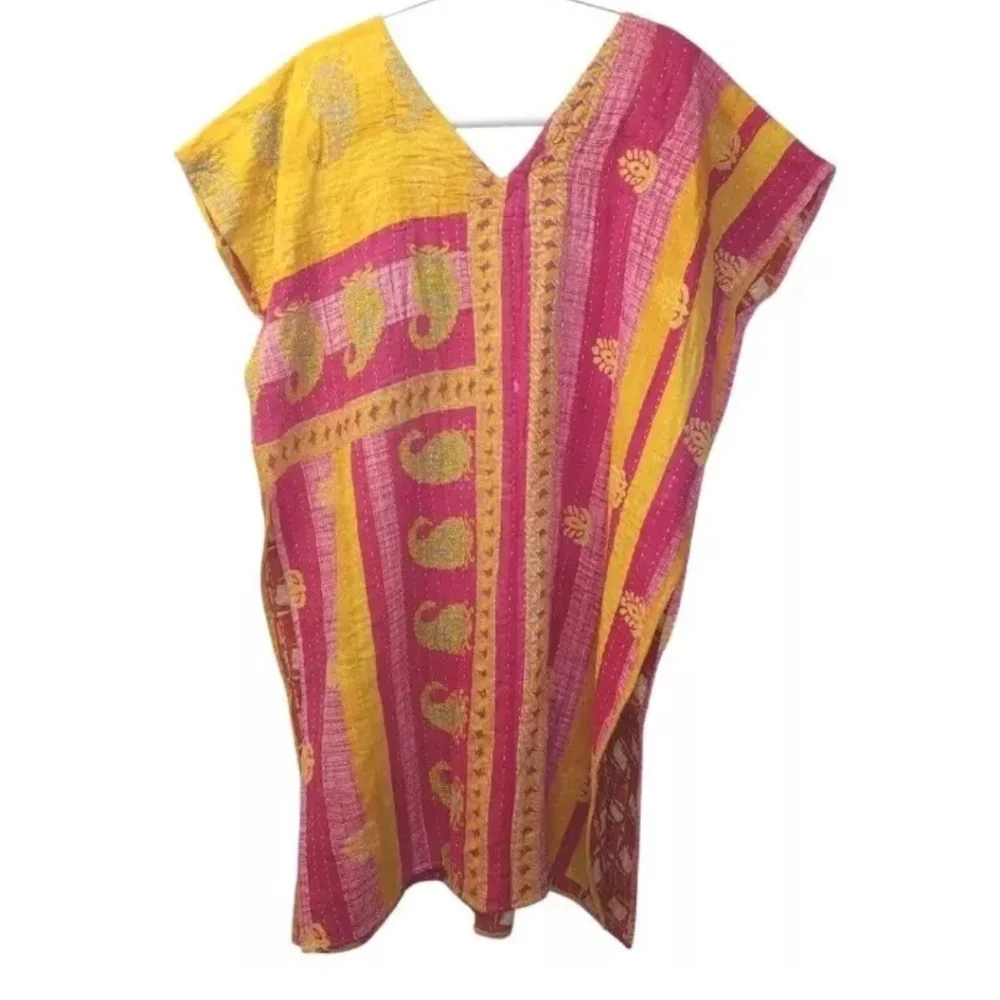 Kantha Patchwork Kimono Tunic Poncho Top Colorful Patch Pockets Woman One Sz #C